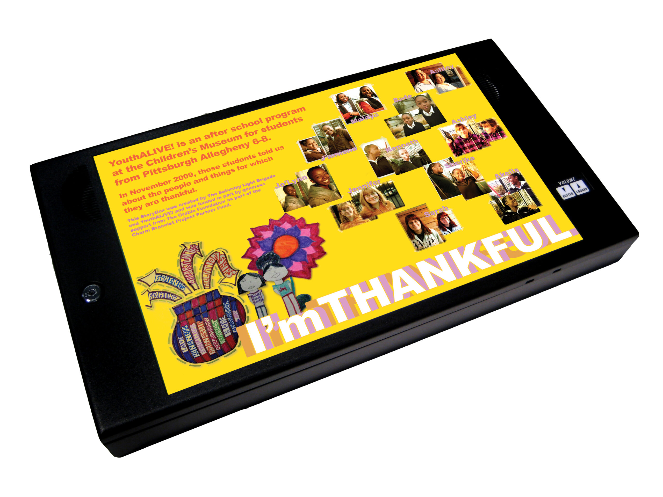 a black box with images of youth and the text "I'm Thankful" on a yellow background