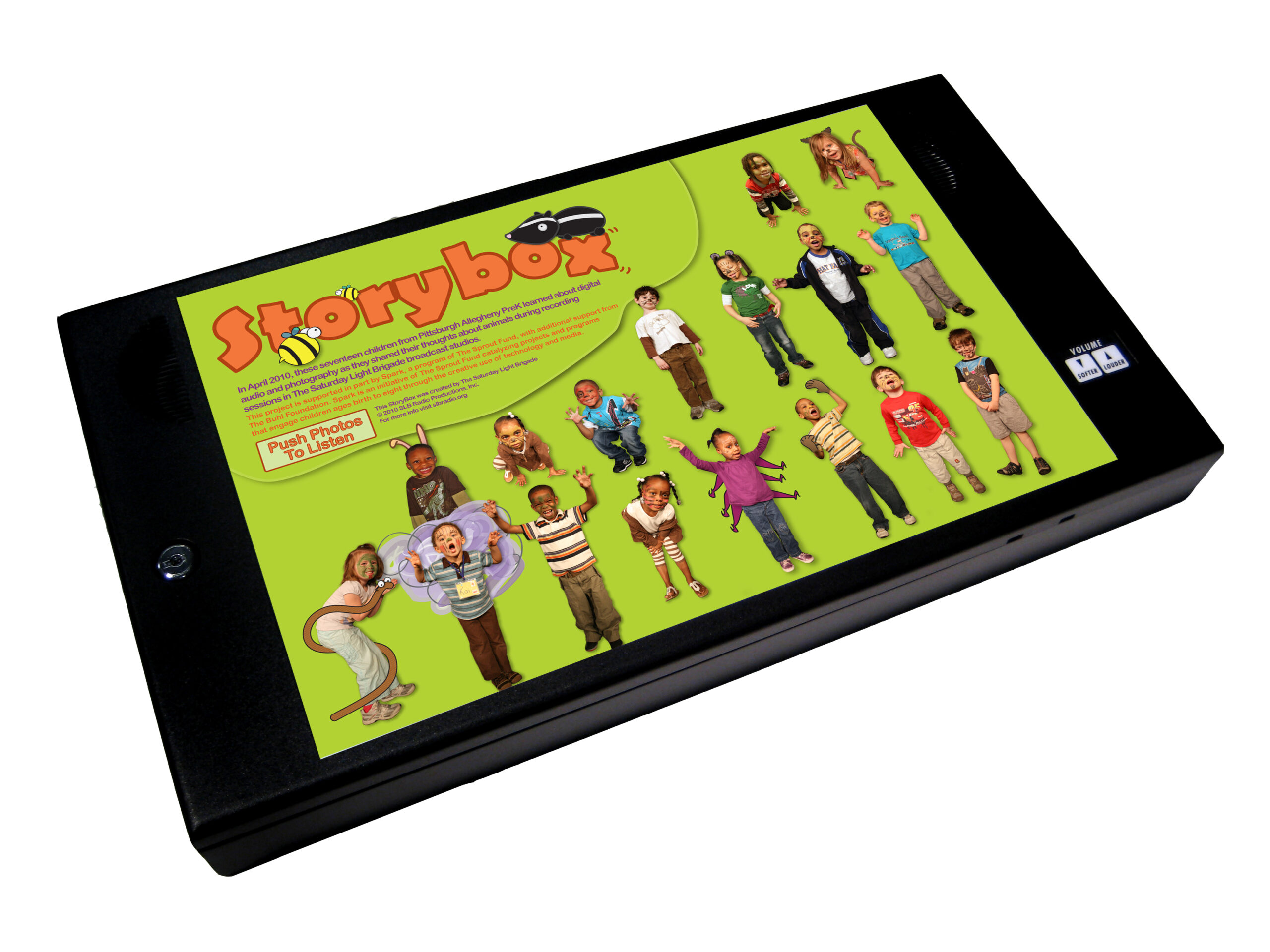 A tablet with pictures of youth and text explaining the Storybox