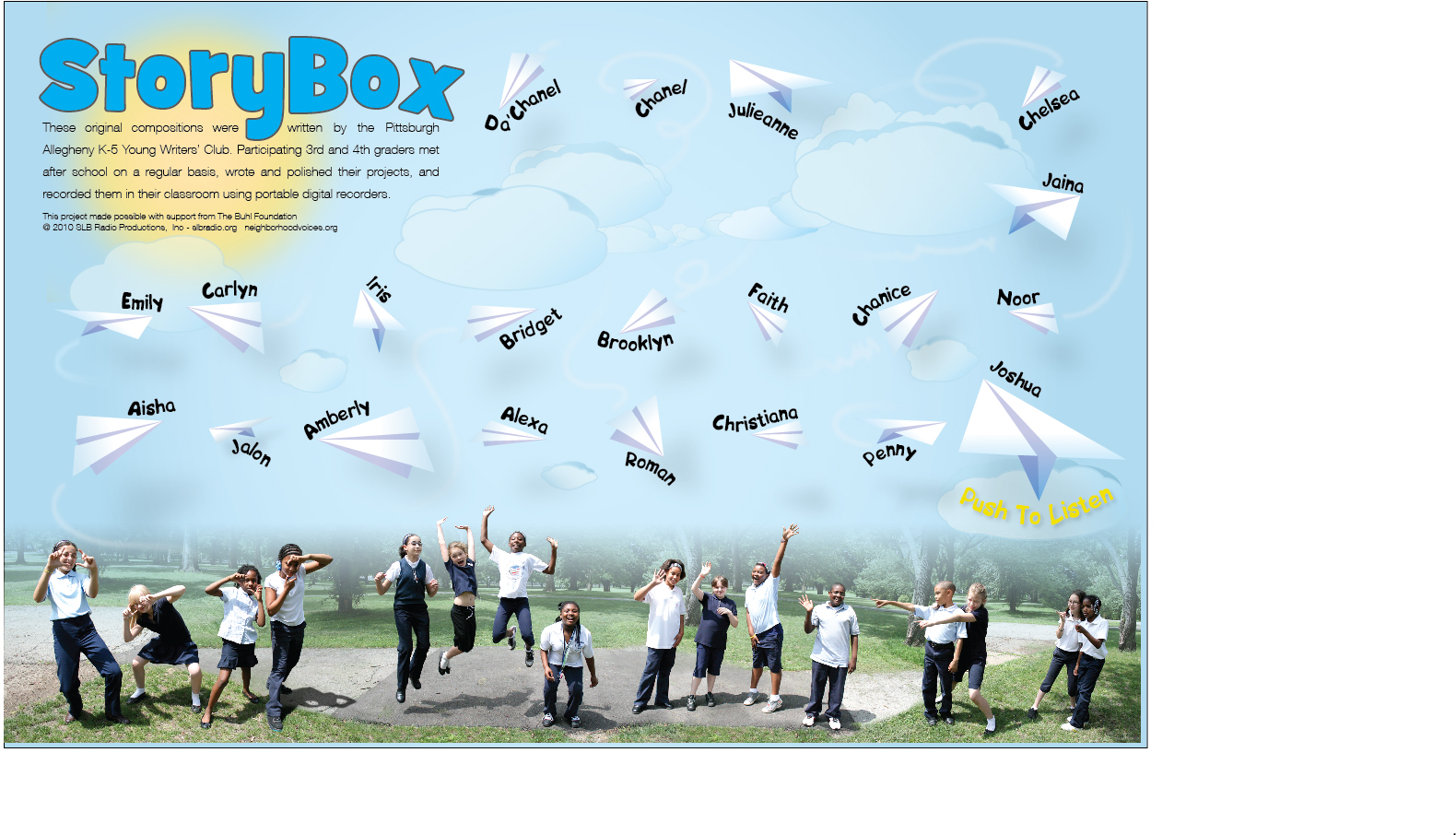Sixteen youth jumping and posing underneath paper airplanes with names underneath them