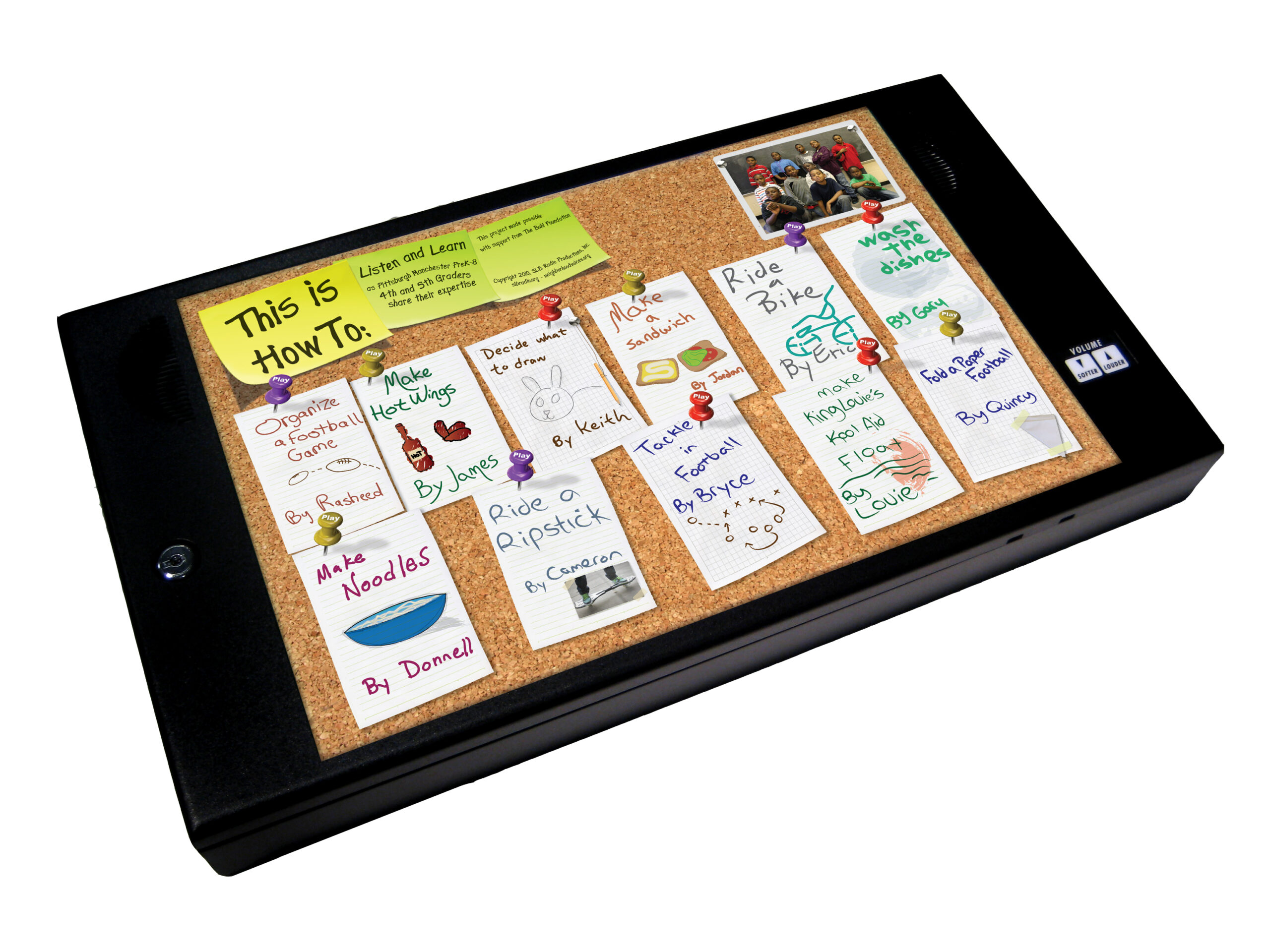 A graphic of a corkboard with pieces of paper on it