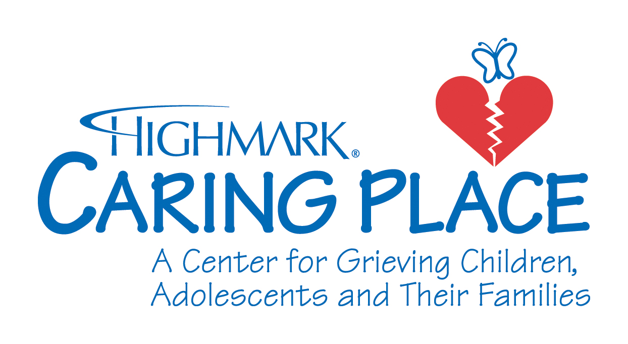 A graphic of a blue butterfly flying out of a red broken heart, along with the text "Highmark Caring Place" "A Center for Grieving Children, Adolescents, and their Families." in light blue