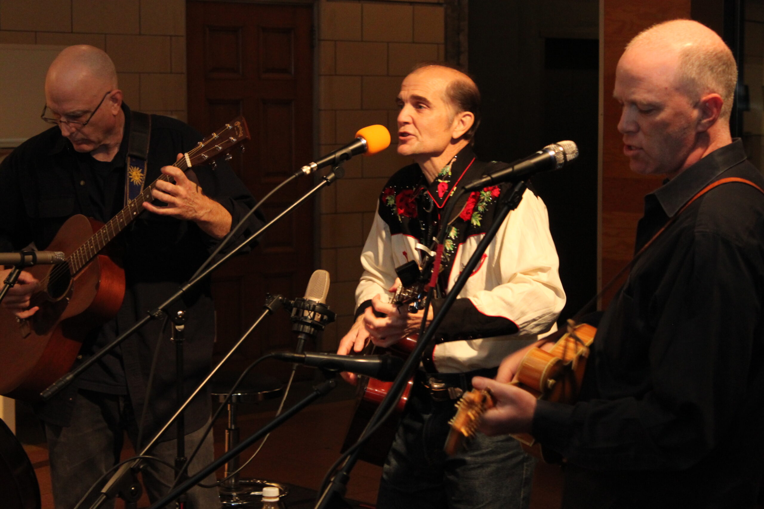 An adult playing acoustic guitar, an adult playing acoustic guitar and singing into a microphone, and an adult playing ukulele