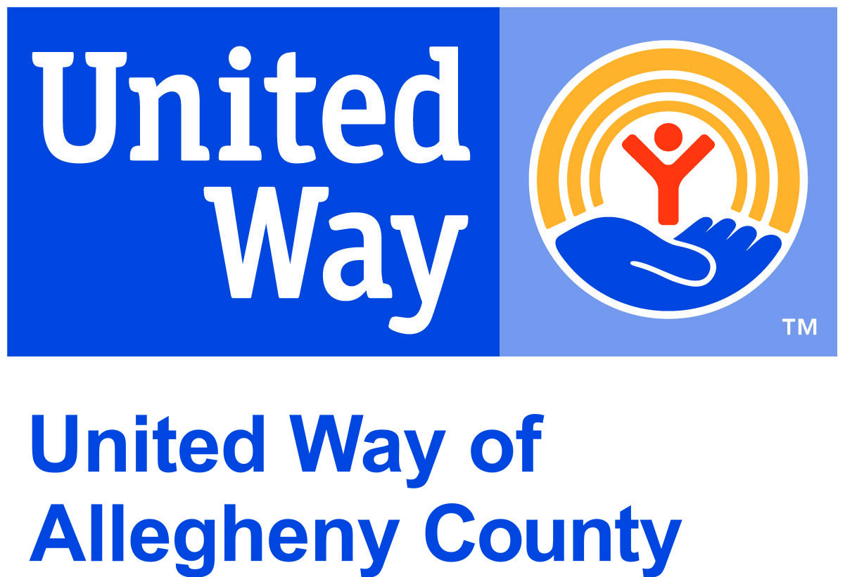 A circular logo of a red stick figure standing on a dark blue hand surrounded by three yellow half circles on a light blue background, along with the text "United Way" in white on a dark blue background, and the text "United Way of Allegheny County" on dark blue on a white background underneath