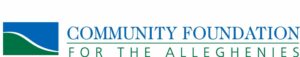 A blue and green rectangle with a white curved line in the center, with the text "Community Foundation" in light blue and "For The Alleghenies" in light green on the right