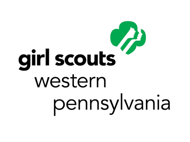 A green logo in the shape of a clover, along with the text "girl scouts western pennsylvania" in black