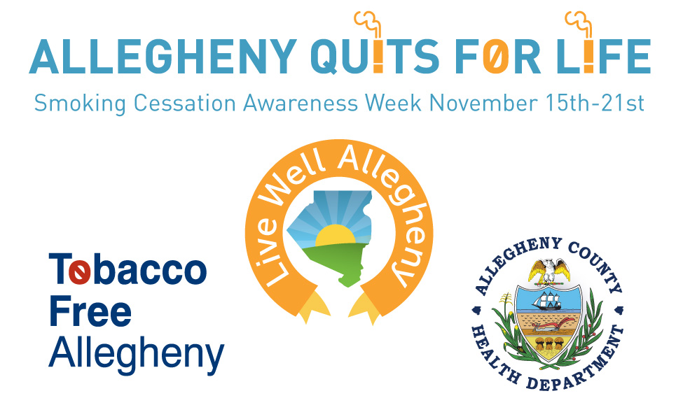 Logos for Tobacco Free Allegheny and Allegheny County Health Department, along with the text "Allegheny Quits for Life" in light blue font, with the i in "Quits" and "Life" being replaced by graphics of cigaretts, and the o in "for" replaced by a 0.