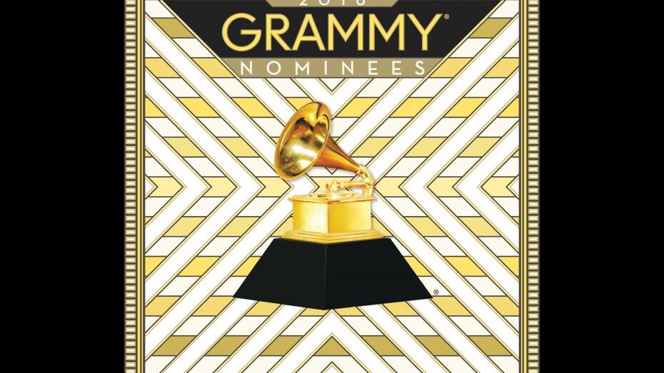 A graphic of a gold phonograph on a black pedestal in front of a white and gold background, along with the text "2016" in white on a gold background, "GRAMMY" in gold on a black background, and "Nominees" in white on a gold background above