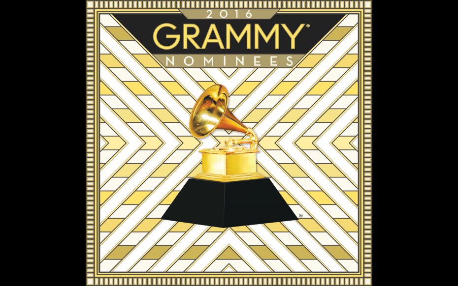 A graphic of a gold phonograph on a black pedestal in front of a white and gold background, along with the text "2016" in white on a gold background, "GRAMMY" in gold on a black background, and "Nominees" in white on a gold background above
