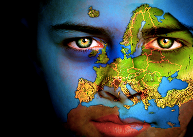 An individual with a map of Europe painted on their face