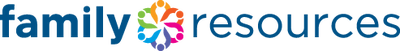A multicolored hexagon graphic, along with the text "family resources" in dark blue