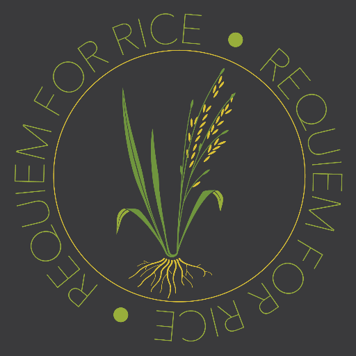 A graphic of a grain of wheat, along with the text "Requiem for Rice" in yellow, duplicated encircling the grain of wheat, all on a dark gray background