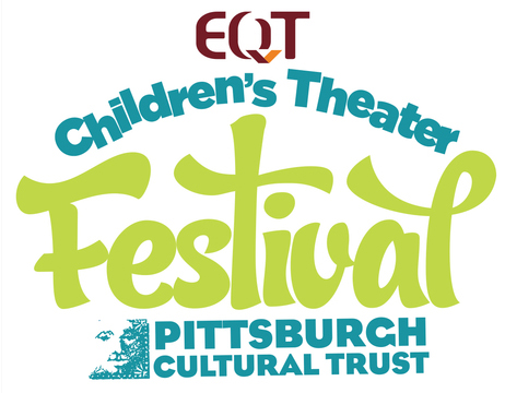 The text "EQT" in large red font, "Children's Theater" in blocky light blue font, "Festival" in stylized yellow font, and "Pittsburgh Cultural Trust" in light blue