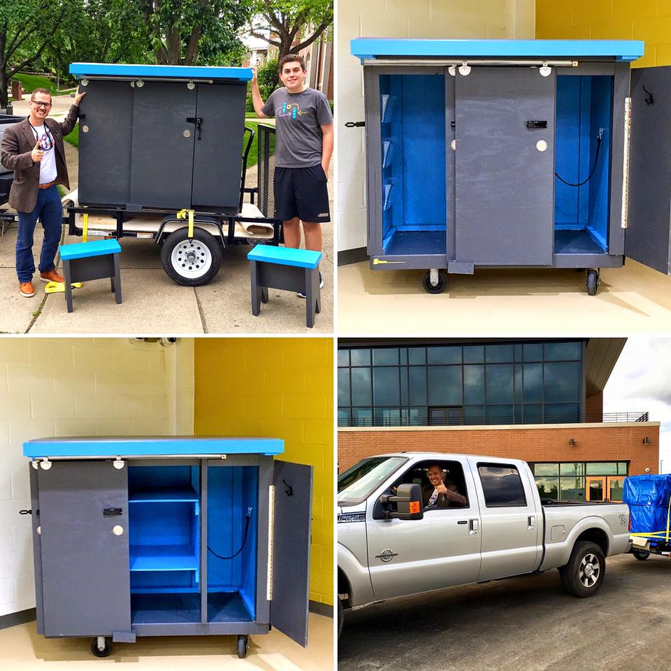 Three images of a gray and blue box being displayed, and an image of a gray pickup truck towing a gray and blue box