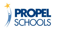 A graphic of a blue person reaching up for a yellow star, with the text "Propel Schools" written on the right in light blue