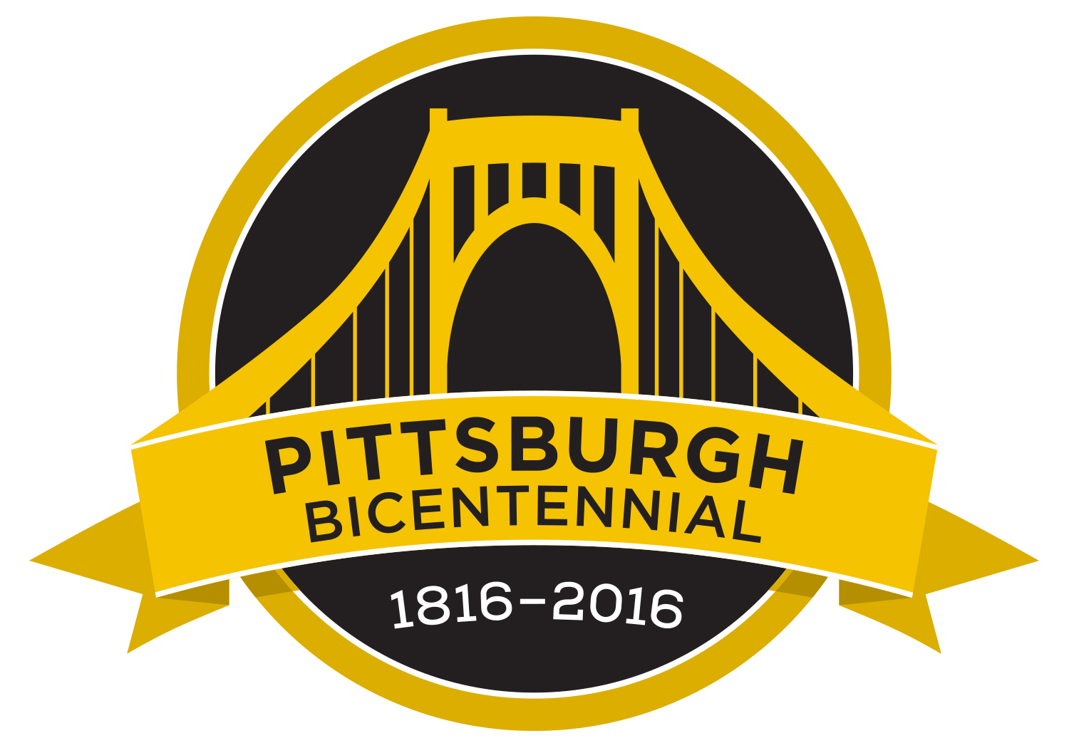 A circular graphic of a yellow bridge on a dark blue background, along with the text "Pittsburgh Bicentennial" in dark blue on a gold yellow background