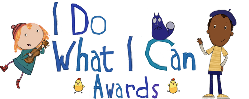 Two drawings of children standing next to the text "I Do What I Can Awards" in dark blue, all on a white background
