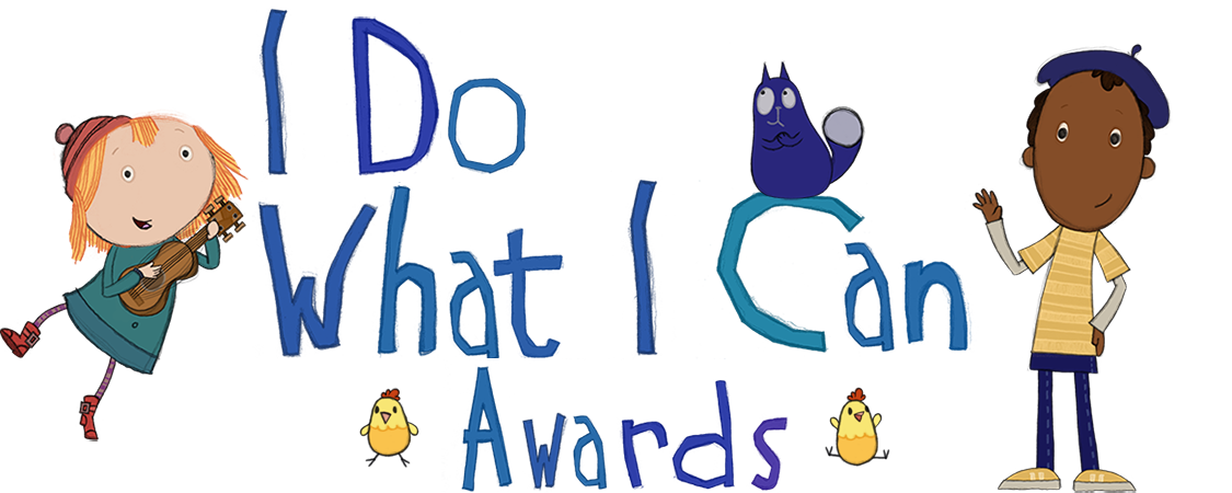 Two drawings of children standing next to the text "I Do What I Can Awards" in dark blue, all on a white background