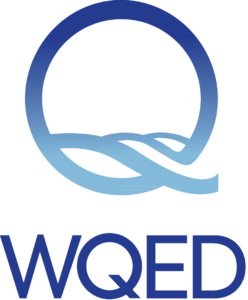 A stylized logo resembling a large blue letter "Q", along with the text "WQED" in dark blue below, all on a white background