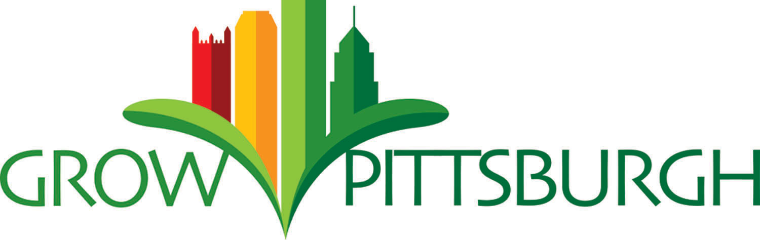 A graphic of two green skyscraper, one yellow skyscraper, and one red skyscraper, with the text "Grow" in light green and "Pittsburgh" in dark green underneath