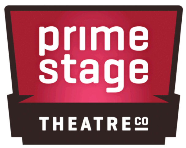 The text "prime stage" in white on a red background and "THEATRECO" in white on a dark brown background
