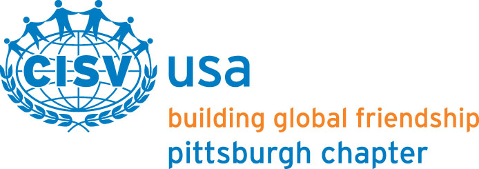 A light blue graphic of an oval with light blue stick figures standing on top and the text "usa" in light blue, "bulding global friendship" in light orange, and "pittsburgh chapter" in light blue