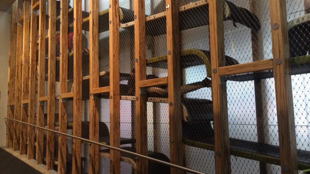 A large wooden structure with a mesh metal fence inside