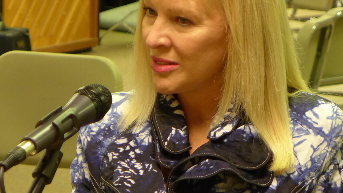 An adult speaking into a microphone