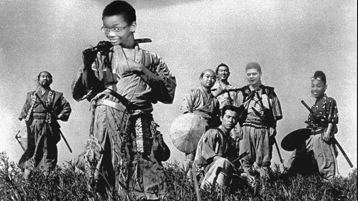 A black and white photo of adults wearing traditional clothes, with some of their heads replaced with the heads of youth