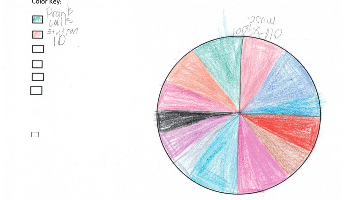 A drawing of a pie graph colored in crayon