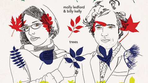 Two drawings of adults standing behind colored drawings of leaves, along with the text "molly bedford & billy kelly" and "trees" in simple black font