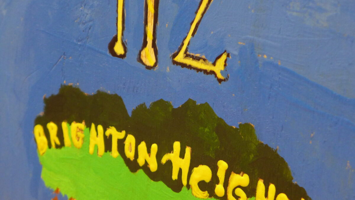 A painting of the numbers "412" in yellow and a green tree with the text "Brighton Heights" in yellow, all on a blue background