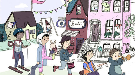 A drawing of five individuals walking in a parade formation in a neighborhood, along with the text "Home" and "Tim Kubart" in black in the top left corner
