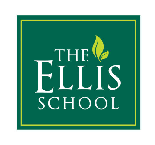 A graphic of two green leaves above the text "The Ellis School" in white on a dark green background