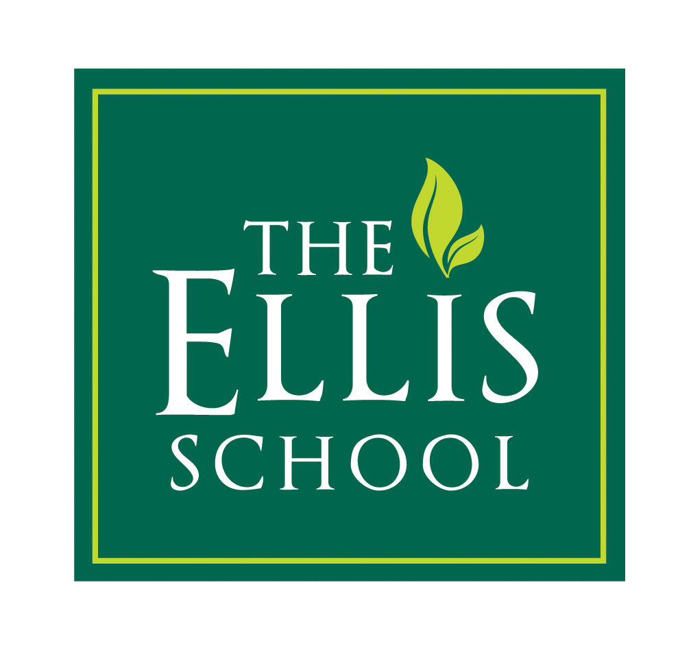 A graphic of two green leaves above the text "The Ellis School" in white on a dark green background