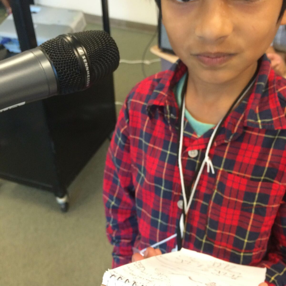 A youth holding a notepad and standing behind a microphone
