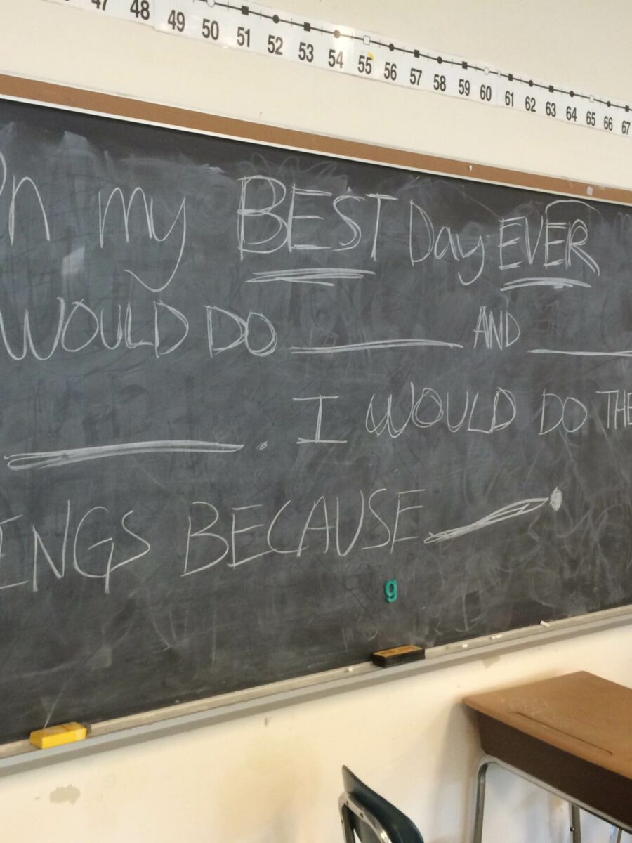 A chalkboard in a classroom reading "On my BEST day EVER, I would do ___ and ___ and ___. I would do these things because ___."