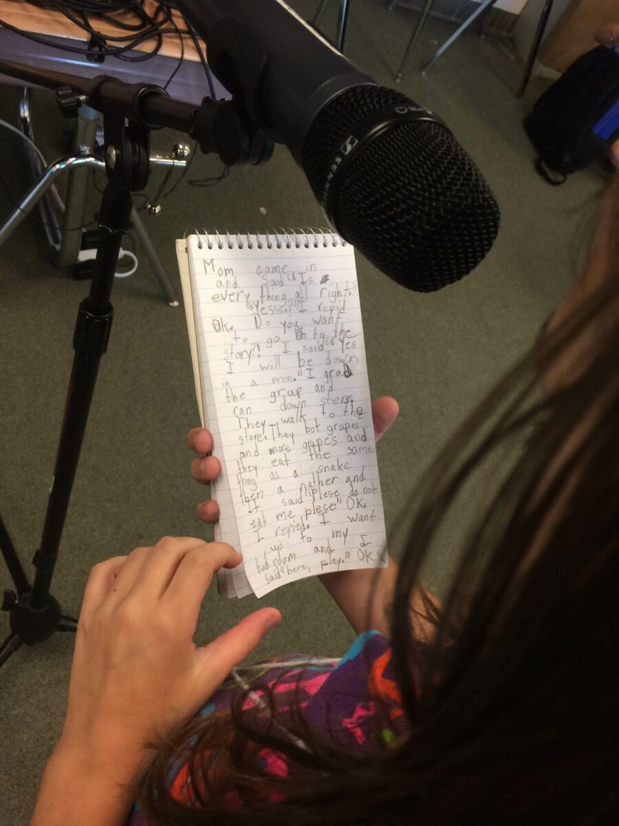 An individual holding a notepad standing behind a microphone