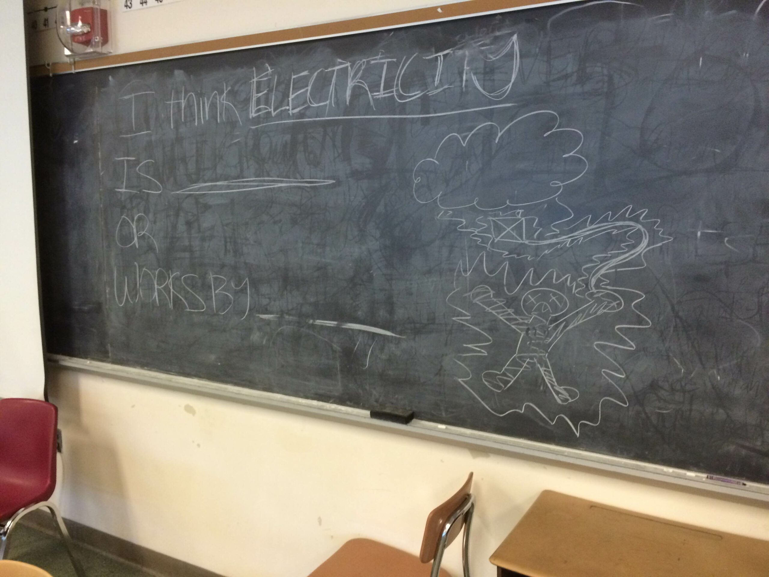 A chalkboard describing electricity in a classroom