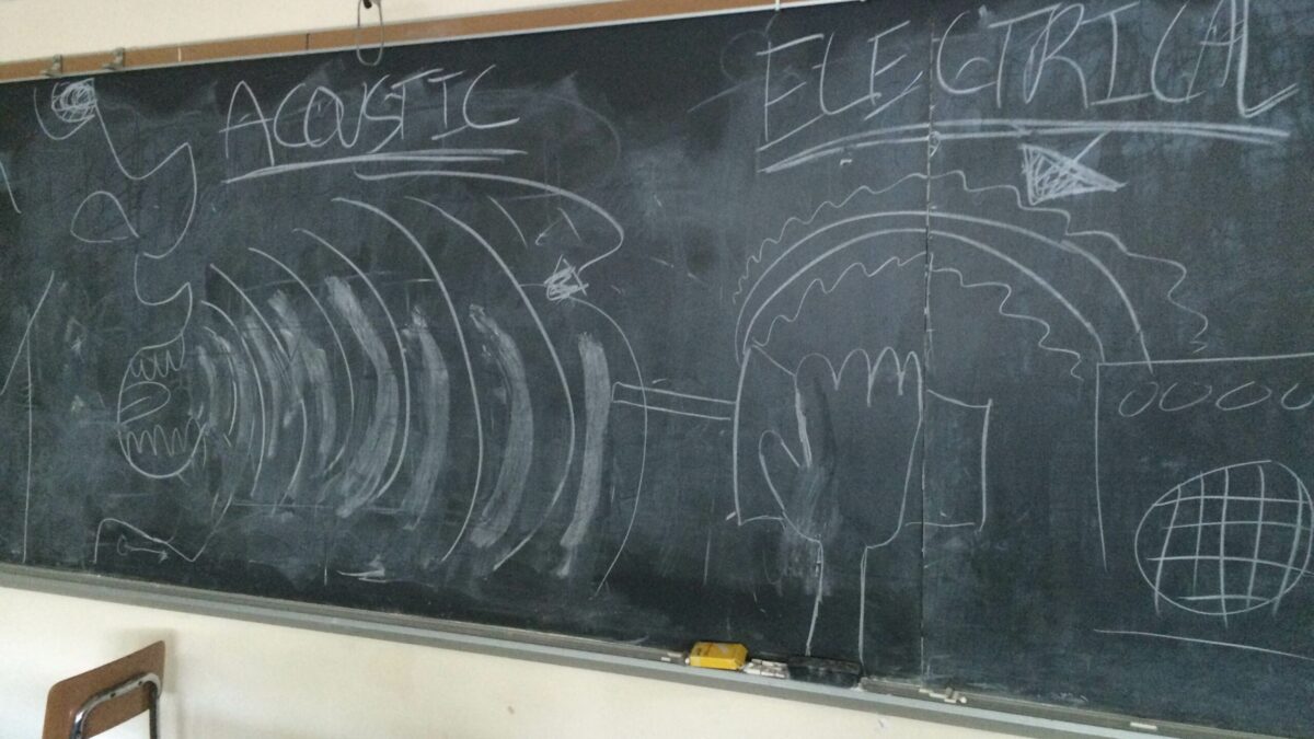 A chalkboard showcasing acoustic and electrical signals