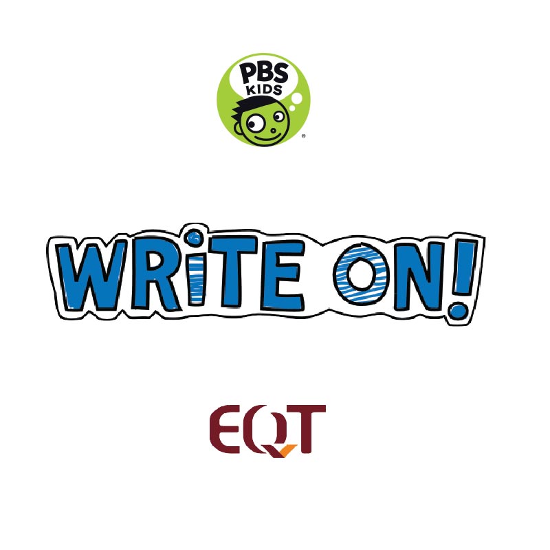 A small circular light green logo with a graphic of a youth's head and the letters "PBS" above, the text "Write On!" in large blocky light blue font, and the letters "EQT" in red blocky font, all on a white background