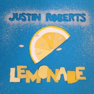 A graphic of a lemon slice, with the text "Justin Roberts" in blue with a dotted beige outline, and "Lemonade" in yellow, all on a blue background