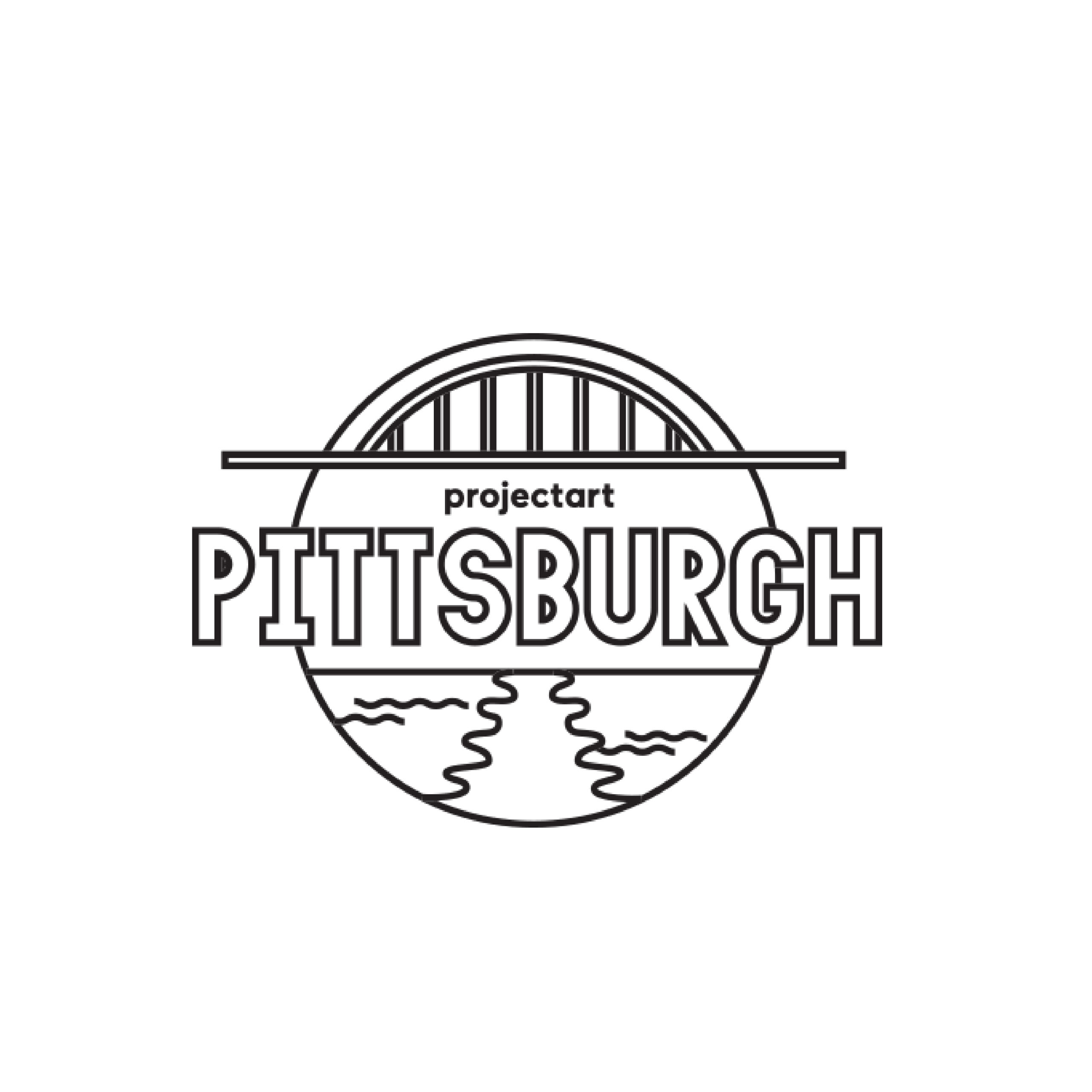 A black and white graphic of a bridge over water, with the text "projectart" in black and "Pittsburgh" in white outlined in black in the center