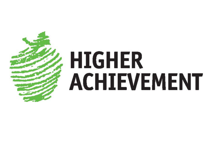 A graphic of a green apple made out of green and white lines, with the text "Higher Achievement" on the right