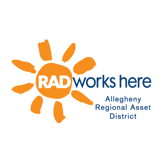 An orange sun graphic, with the text "RAD" in white on the inside, and "works here" and "Allegheny Regional Asset District" in blue on the right