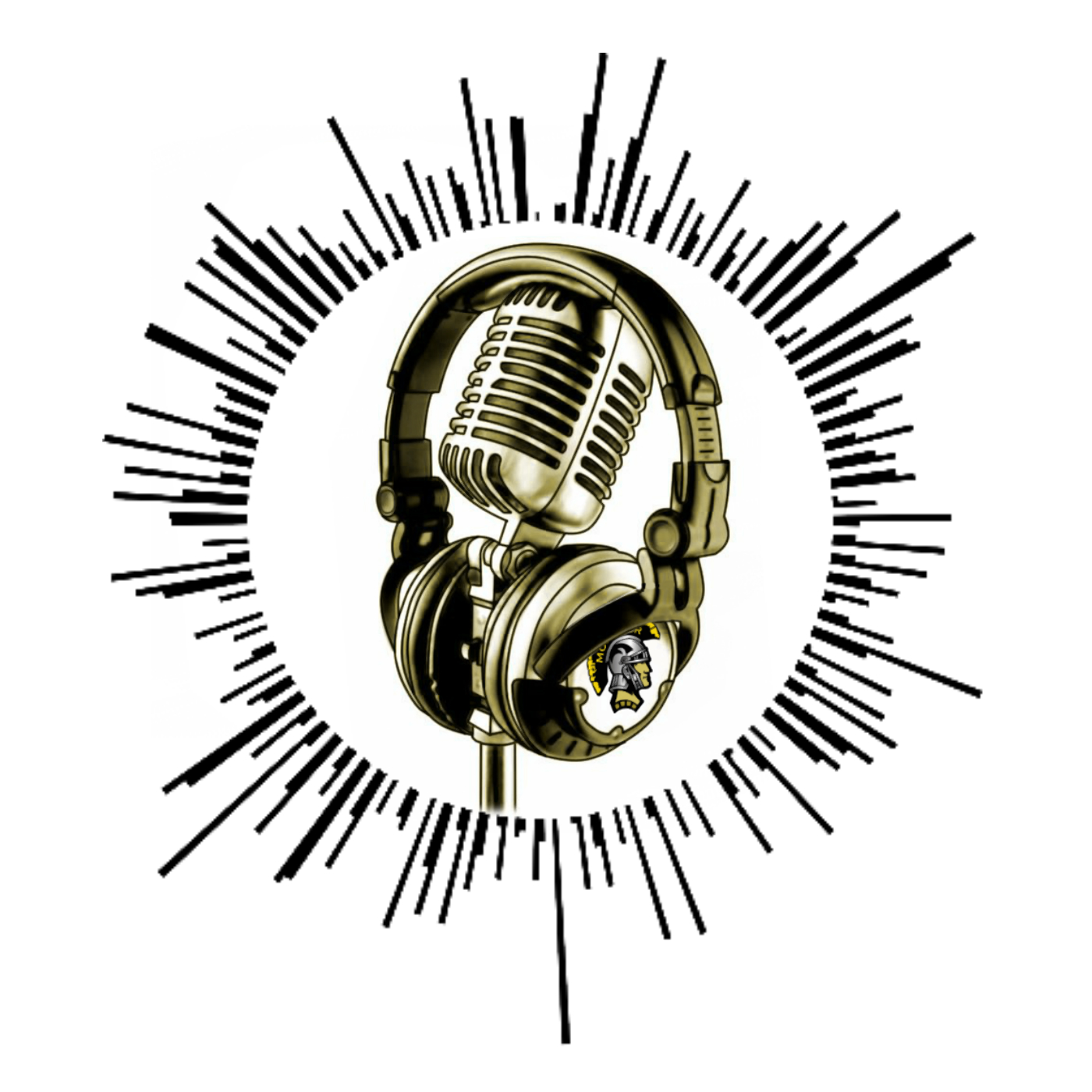 A gold pair of headphones resting on an old fashioned gold microphone, surrounded by a black graphic of a circular audio barline waveform