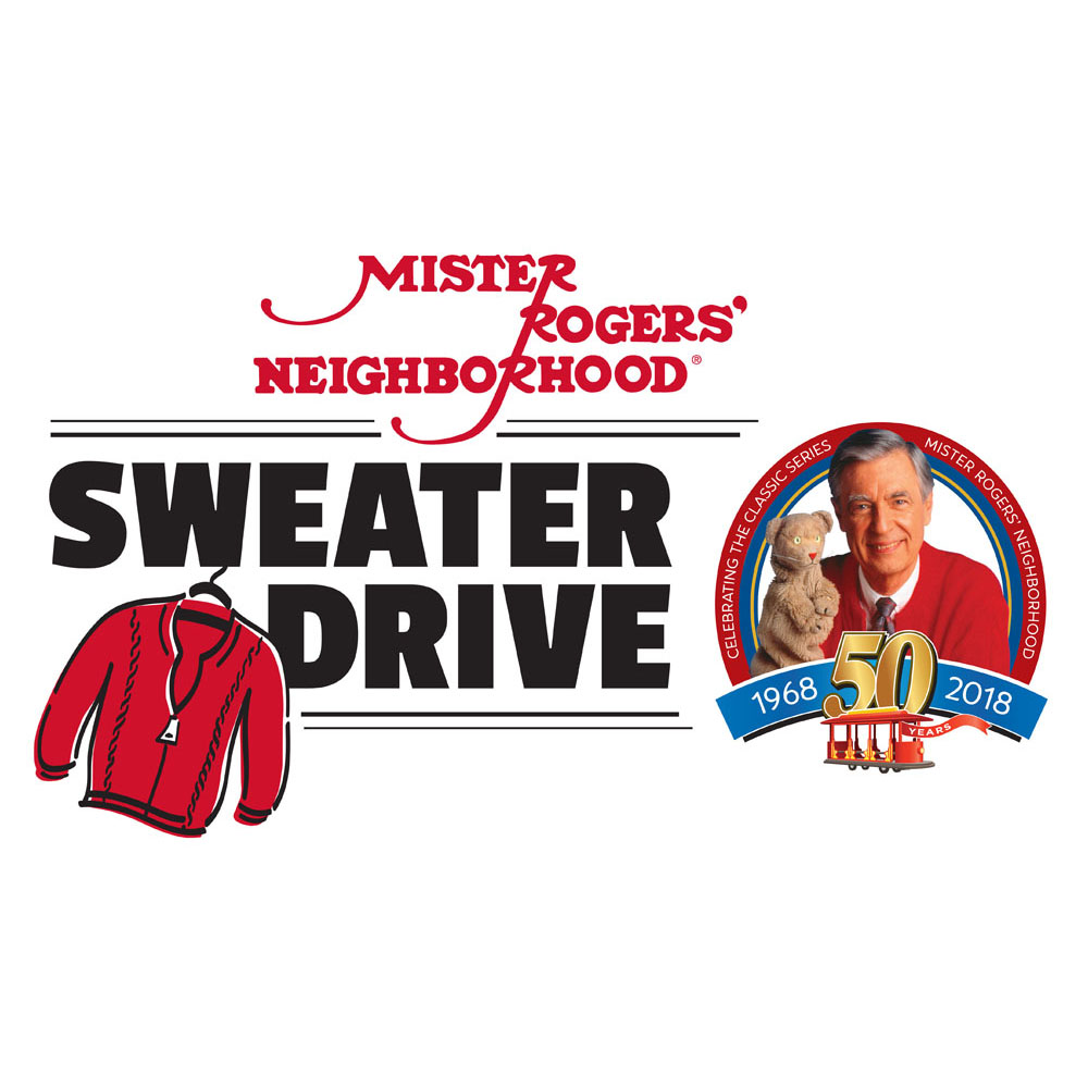 The text "Mister Rogers' Neighborhood" in red, "Sweater Drive" in bigger black font, a graphic of a red sweater, and a small image of an adult wearing a red sweater vest