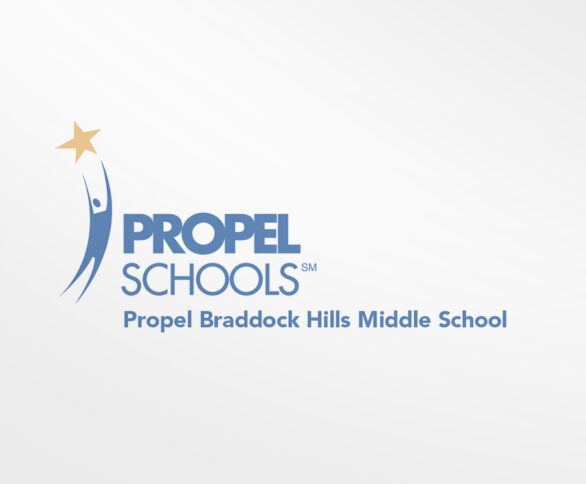 A graphic of a blue person reaching up for a yellow star, and the text "Propel Schools" and "Propel Braddock Hills Middle School" in blue on the right