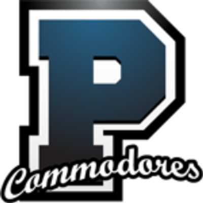 A large dark blue letter P, with the text "Commodores" in white cursive with a black outline