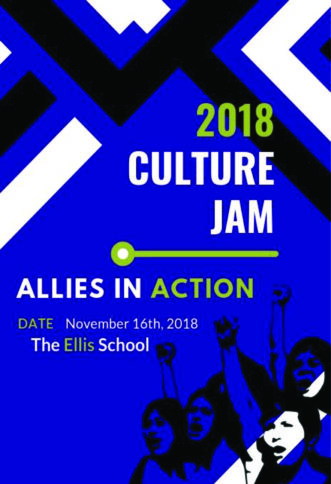 The text "2018" in light green, "Culture Jam" in white, a light green rectangle, "Allies in" in white, "Action" in light green, "Date" in light green", "November 16th, 2018" in white, "The" and "School" in white, "Ellis" in light green, all above a graphic of outlined people raising their arms and cheering, all on a dark blue background