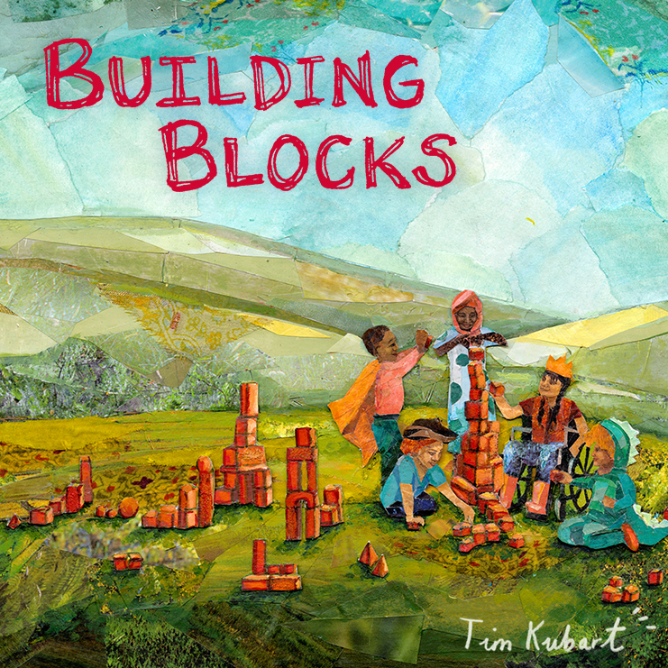 A painting of five childing building a structure with orange building blocks in a field, with the text "Building Blocks" in red superimposed on the blue sky